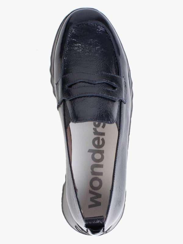 Pluto Navy Patent Leather Low Wedge Loafers