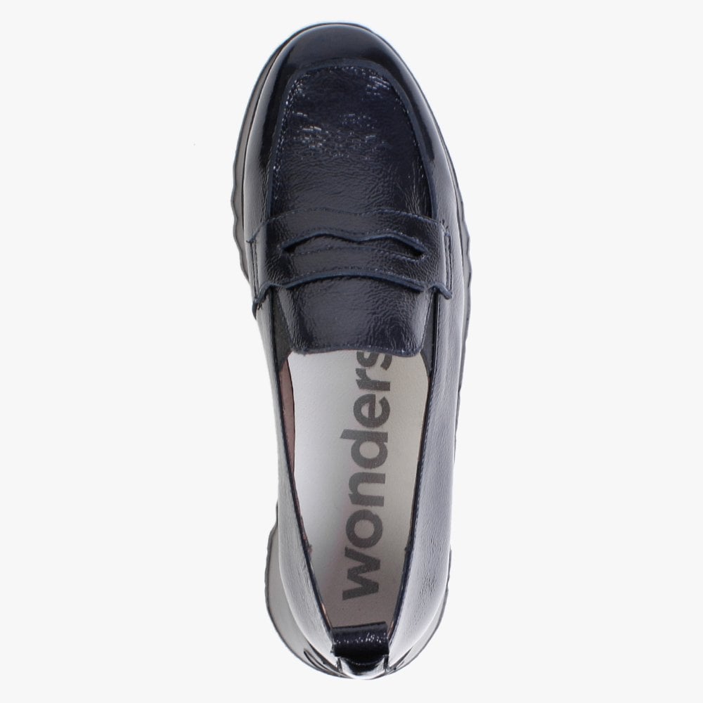 Pluto Navy Patent Leather Low Wedge Loafers