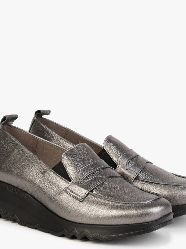 Pluto Pewter Leather Low Wedge Loafers