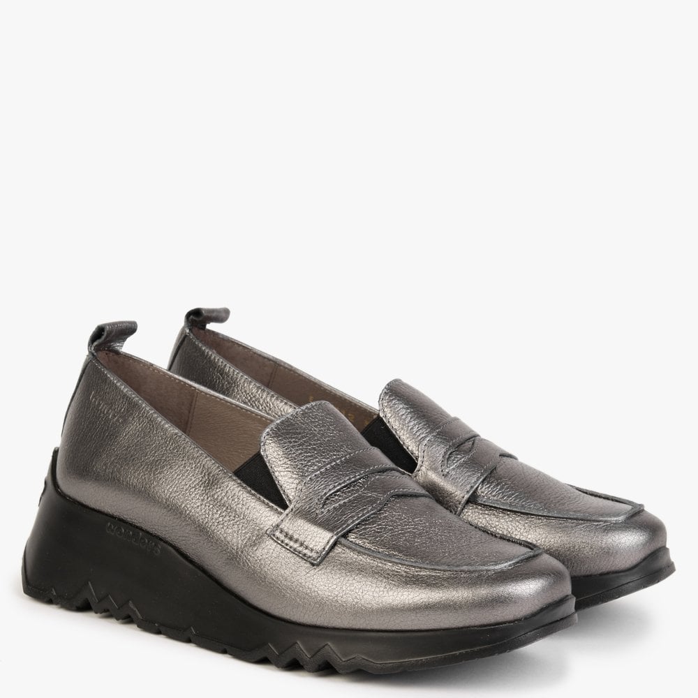 Pluto Pewter Leather Low Wedge Loafers