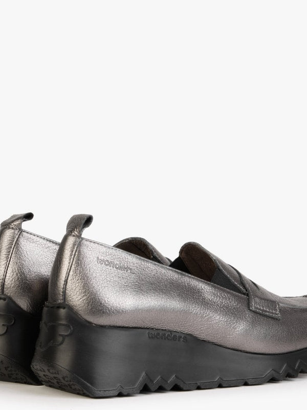 Pluto Pewter Leather Low Wedge Loafers
