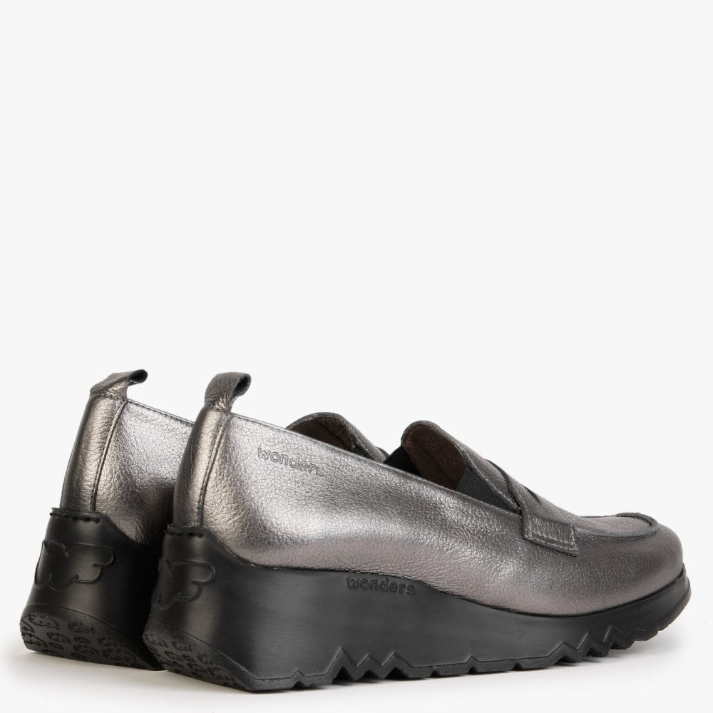 Pluto Pewter Leather Low Wedge Loafers