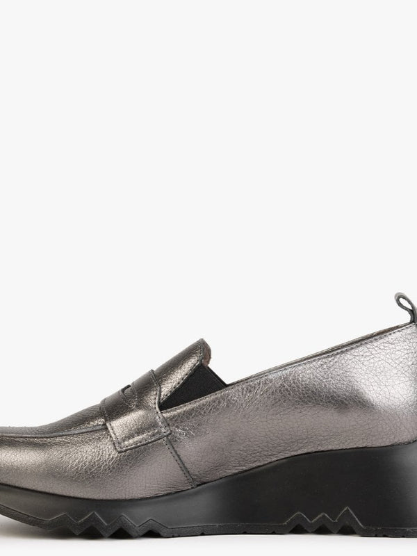 Pluto Pewter Leather Low Wedge Loafers