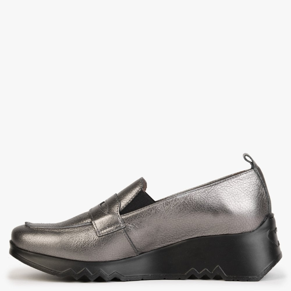 Pluto Pewter Leather Low Wedge Loafers