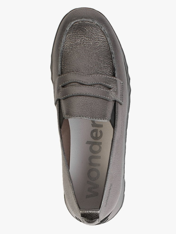 Pluto Pewter Leather Low Wedge Loafers