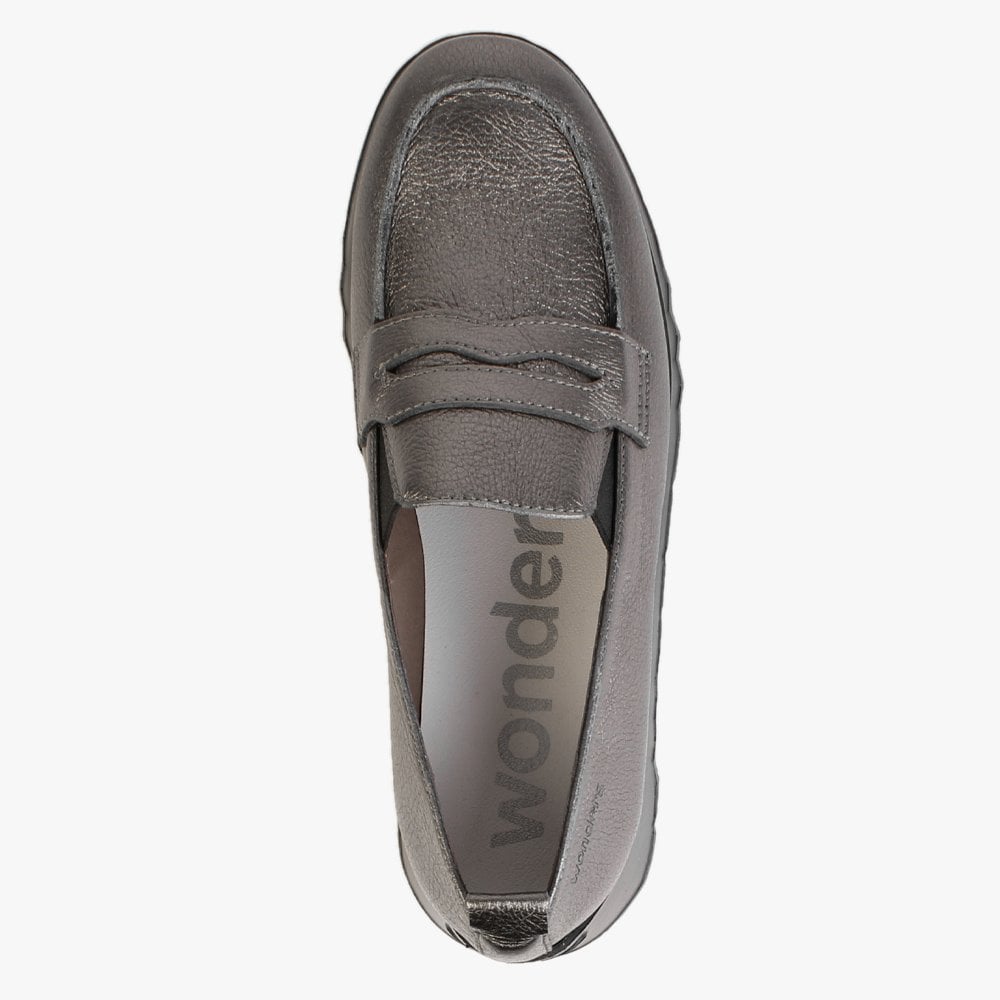 Pluto Pewter Leather Low Wedge Loafers