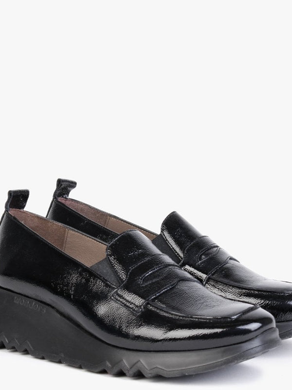 Pluto Black Patent Leather Low Wedge Loafers