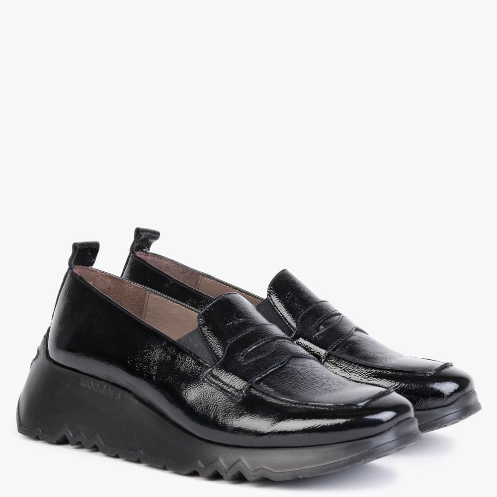 Pluto Black Patent Leather Low Wedge Loafers