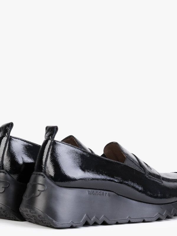 Pluto Black Patent Leather Low Wedge Loafers