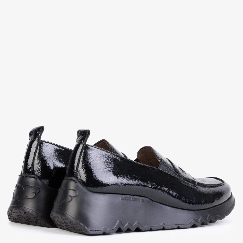 Pluto Black Patent Leather Low Wedge Loafers
