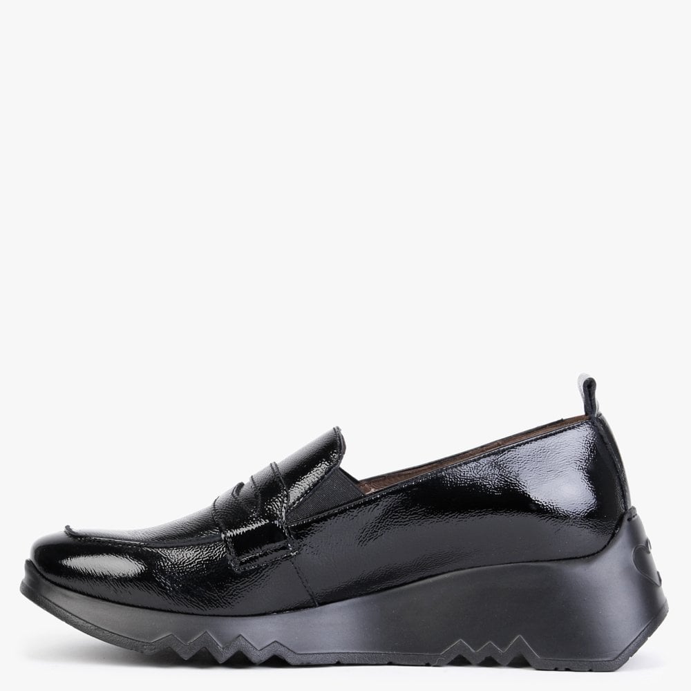Pluto Black Patent Leather Low Wedge Loafers