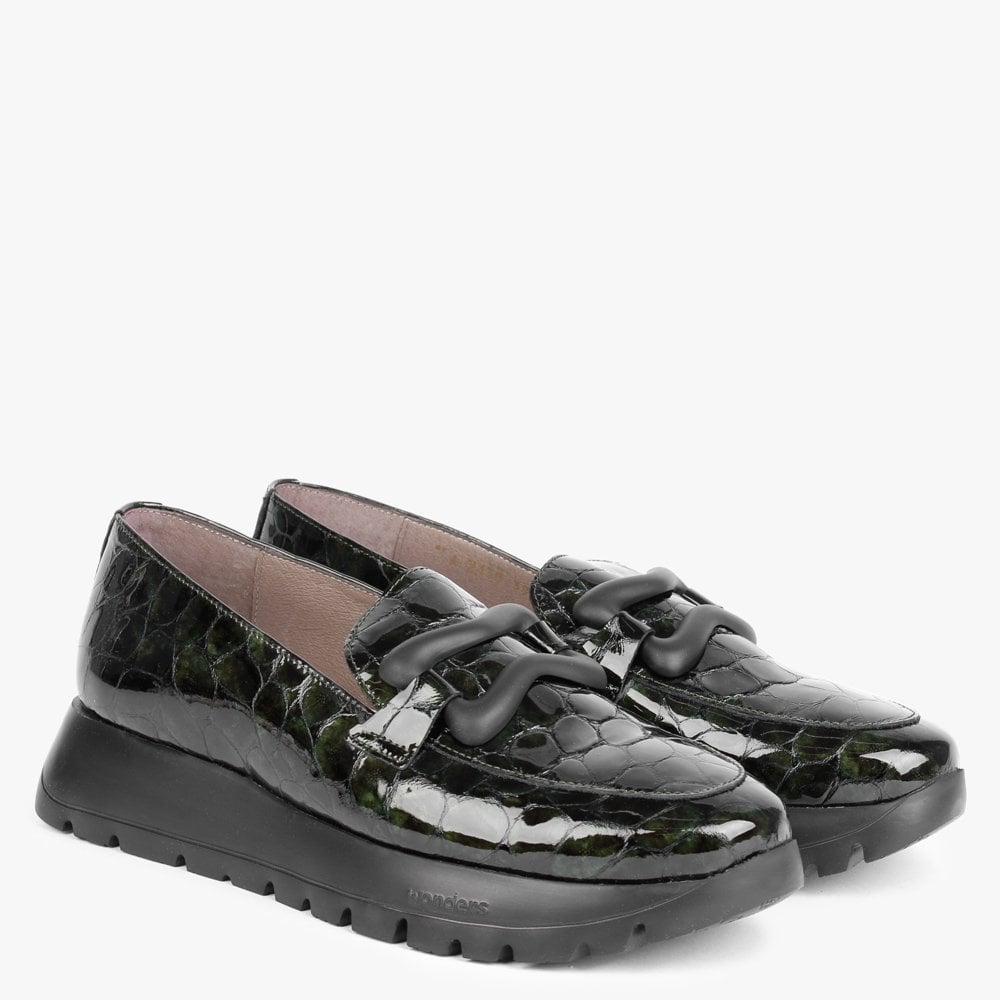 Hermes Khaki Patent Leather Moc Croc Loafers
