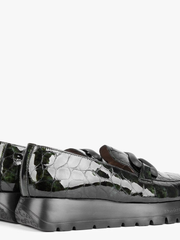 Hermes Khaki Patent Leather Moc Croc Loafers