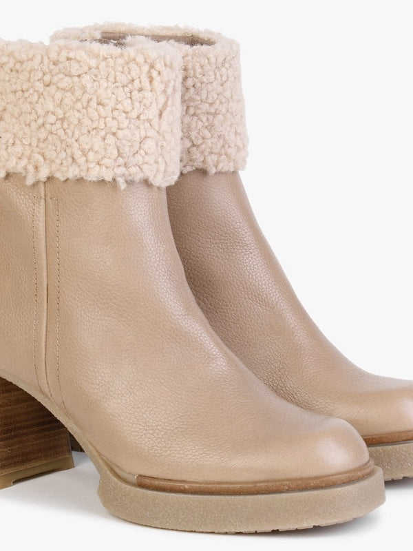 Eros Beige Leather Fleece Trim Block Heel Ankle Boots