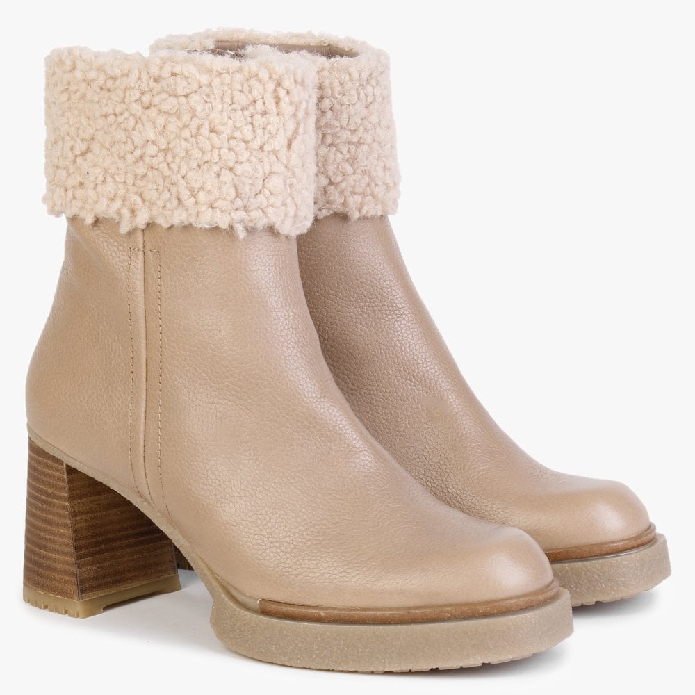 Eros Beige Leather Fleece Trim Block Heel Ankle Boots