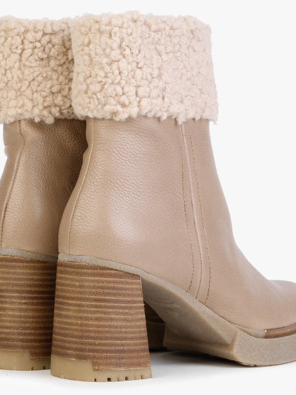 Eros Beige Leather Fleece Trim Block Heel Ankle Boots