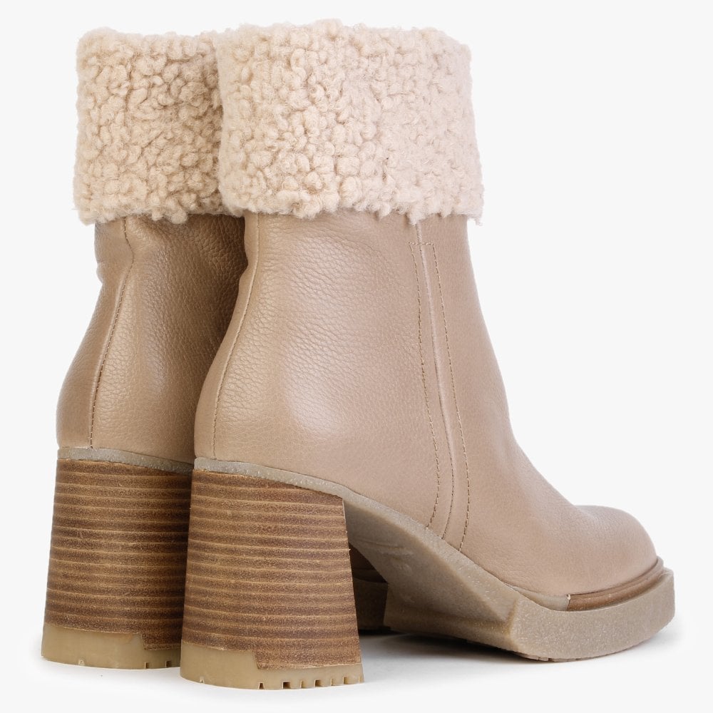 Eros Beige Leather Fleece Trim Block Heel Ankle Boots