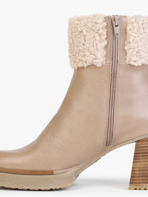 Eros Beige Leather Fleece Trim Block Heel Ankle Boots