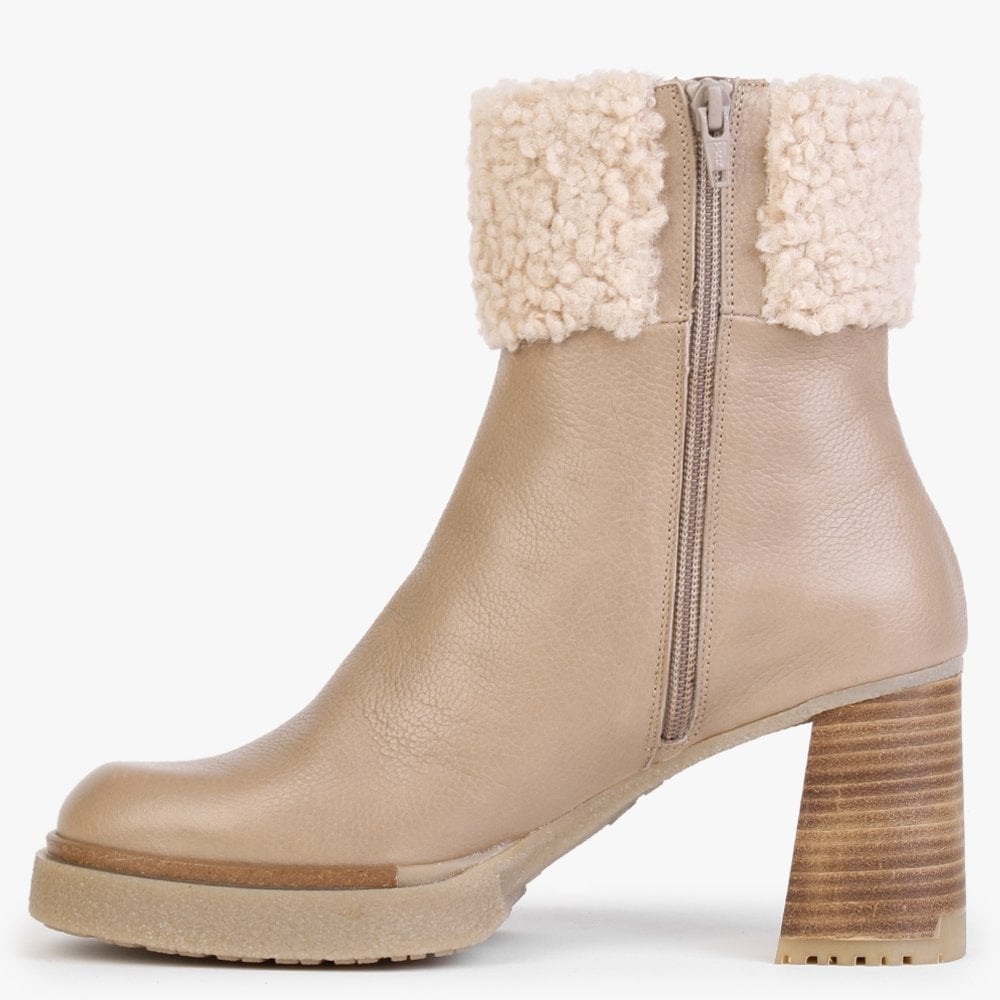 Eros Beige Leather Fleece Trim Block Heel Ankle Boots