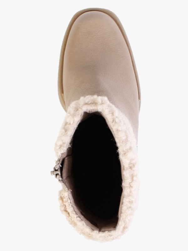 Eros Beige Leather Fleece Trim Block Heel Ankle Boots