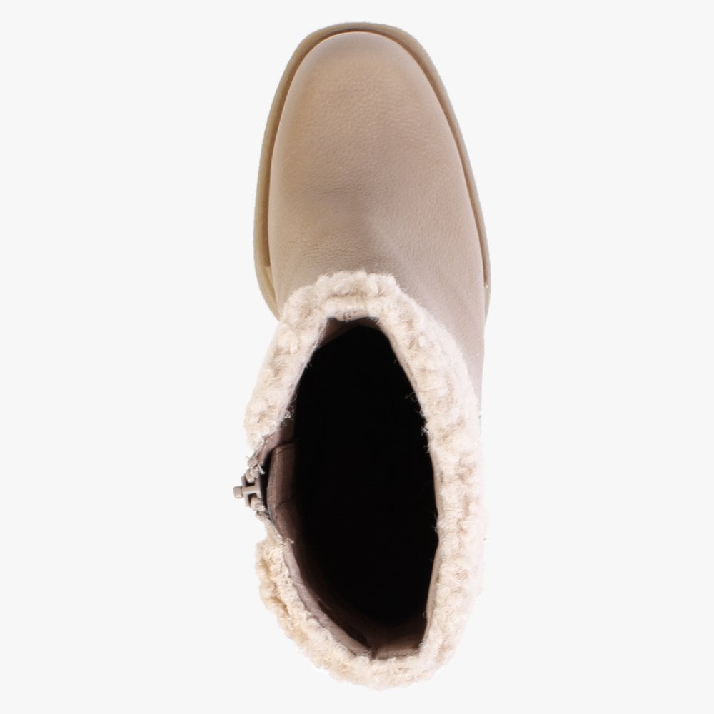 Eros Beige Leather Fleece Trim Block Heel Ankle Boots