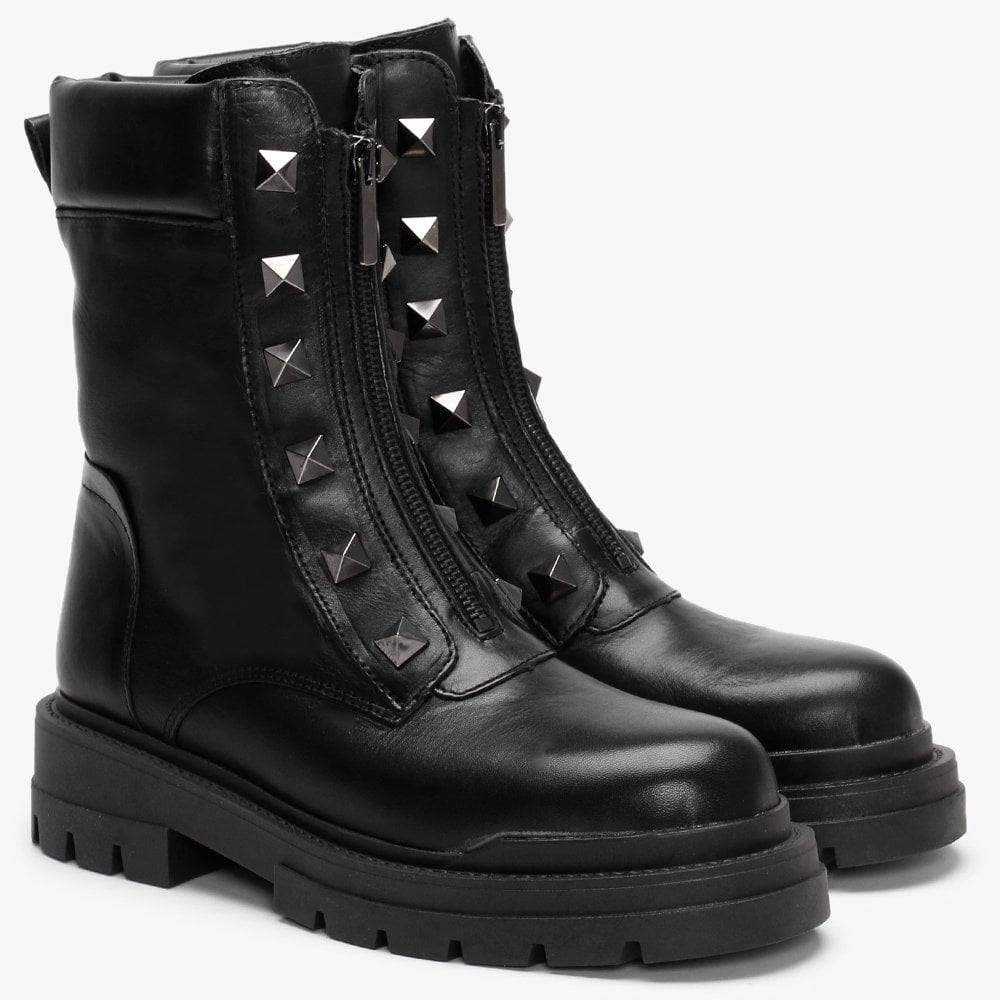 Granita Black Leather Studded Calf Boots