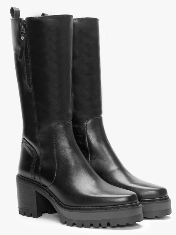 Flambe Black Leather Block Heel Knee Boots