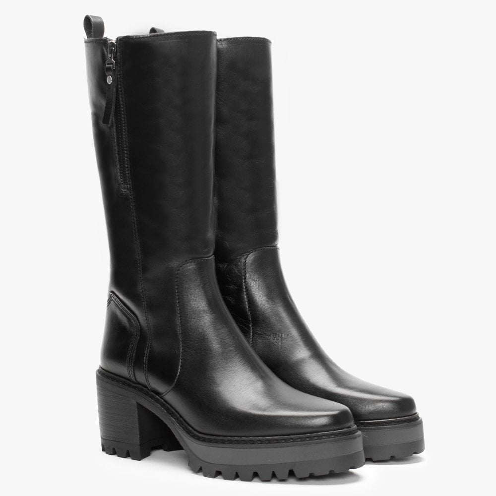 Flambe Black Leather Block Heel Knee Boots