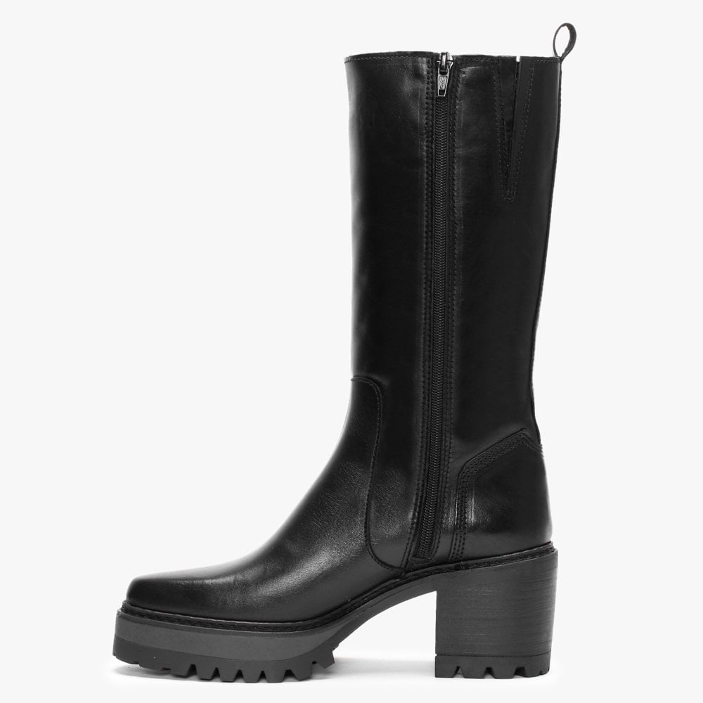 Flambe Black Leather Block Heel Knee Boots