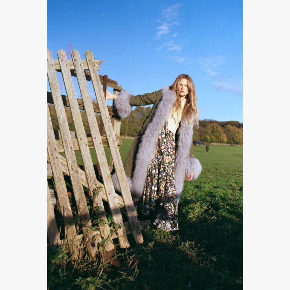 Big Puff Khaki Nylon Shearling Trim Jacket