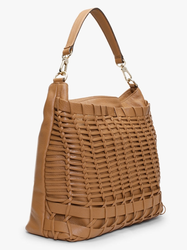 Tan Leather Lattice Hobo Bag