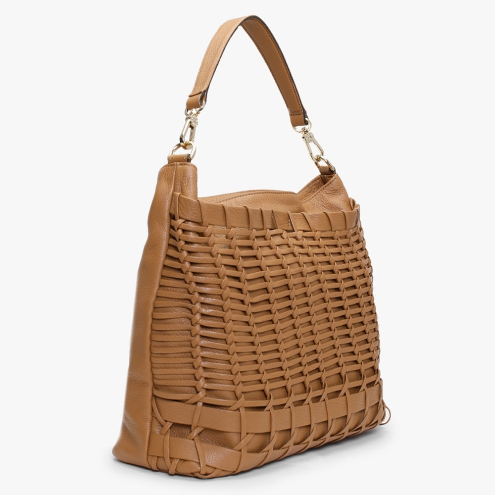 Tan Leather Lattice Hobo Bag
