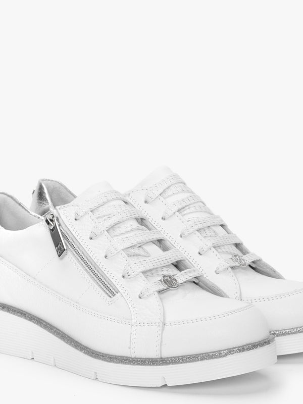 Genette White Leather Silver Trim Low Wedge Trainers