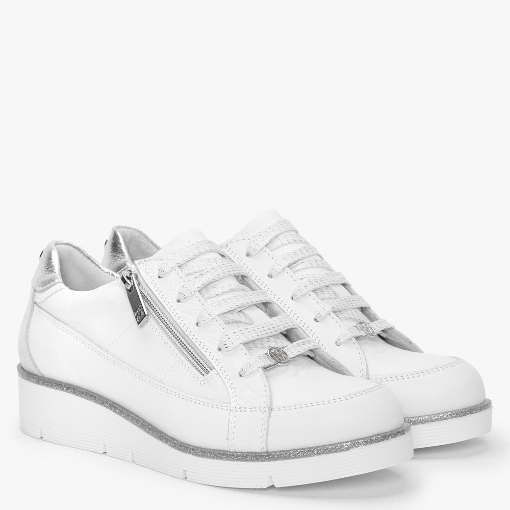 Genette White Leather Silver Trim Low Wedge Trainers