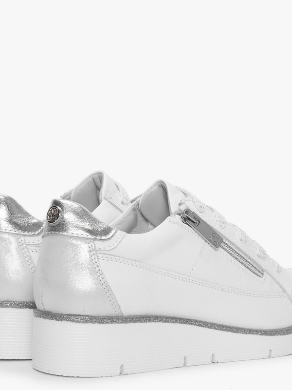 Genette White Leather Silver Trim Low Wedge Trainers
