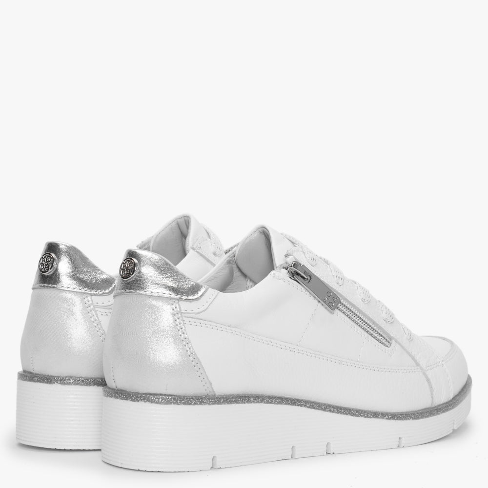 Genette White Leather Silver Trim Low Wedge Trainers