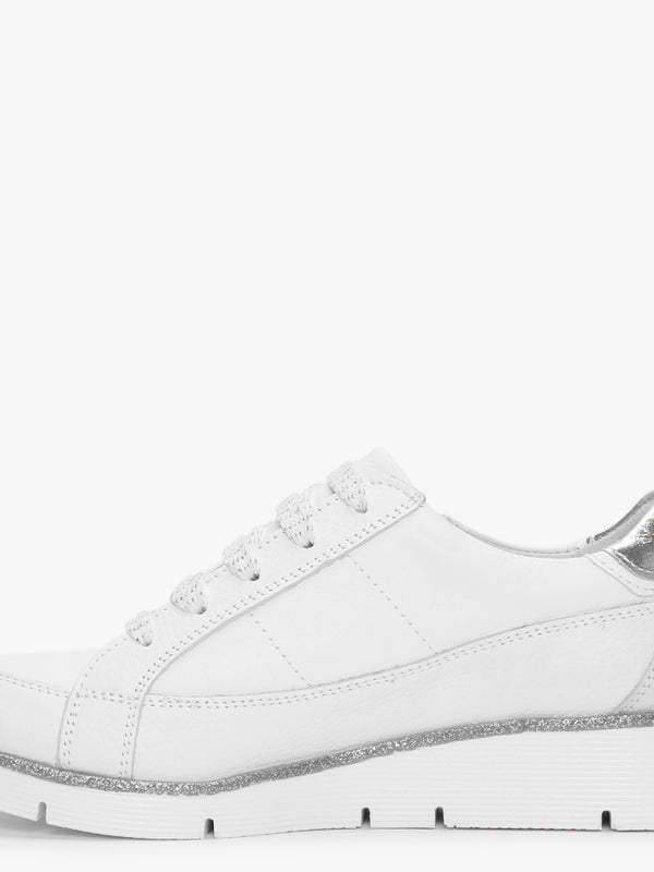 Genette White Leather Silver Trim Low Wedge Trainers