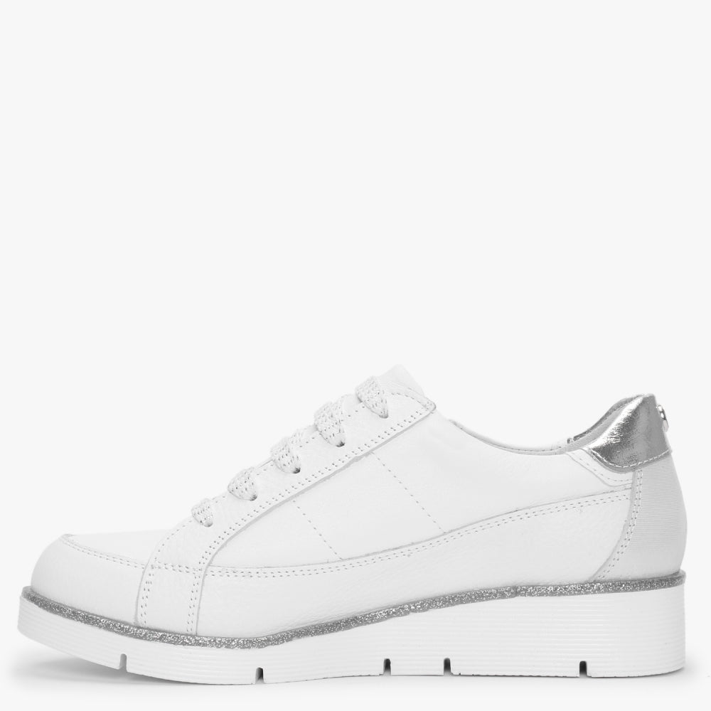 Genette White Leather Silver Trim Low Wedge Trainers