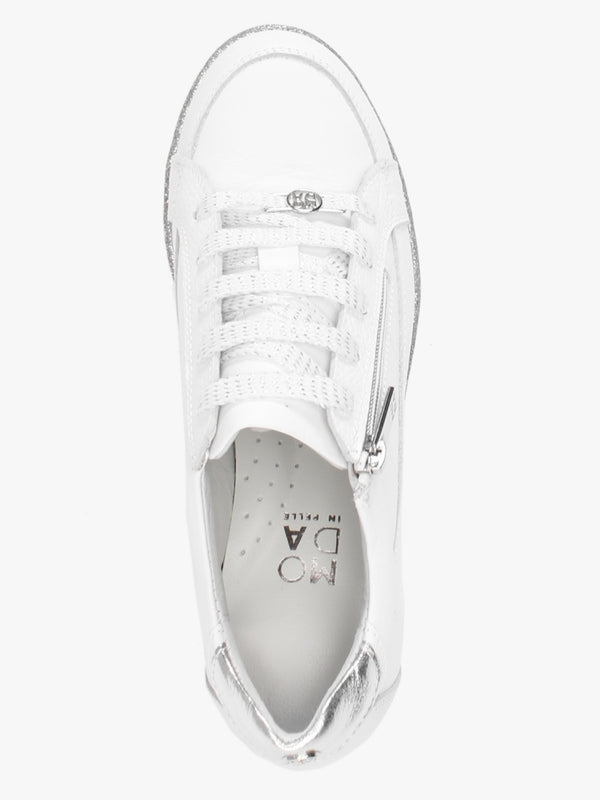 Genette White Leather Silver Trim Low Wedge Trainers