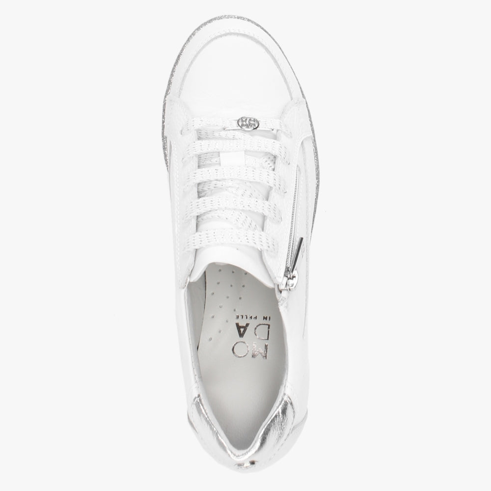 Genette White Leather Silver Trim Low Wedge Trainers