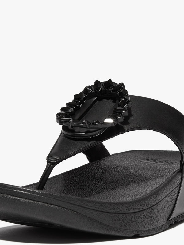 Lulu Crystal Circlet All Black Leather Toe Post Sandals