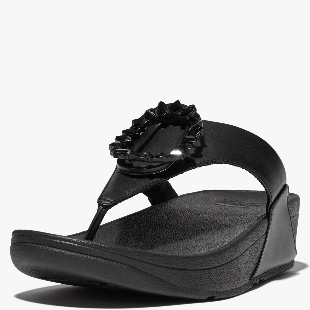 Lulu Crystal Circlet All Black Leather Toe Post Sandals