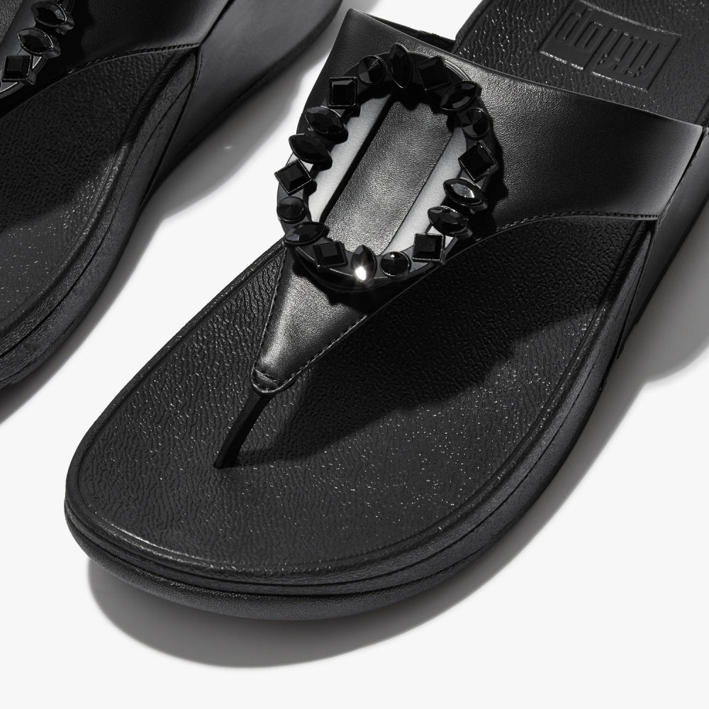 Lulu Crystal Circlet All Black Leather Toe Post Sandals