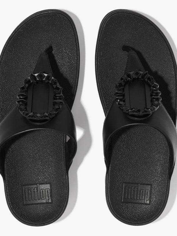 Lulu Crystal Circlet All Black Leather Toe Post Sandals
