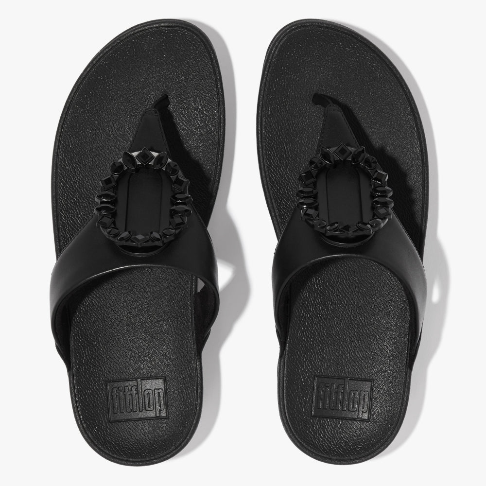 Lulu Crystal Circlet All Black Leather Toe Post Sandals