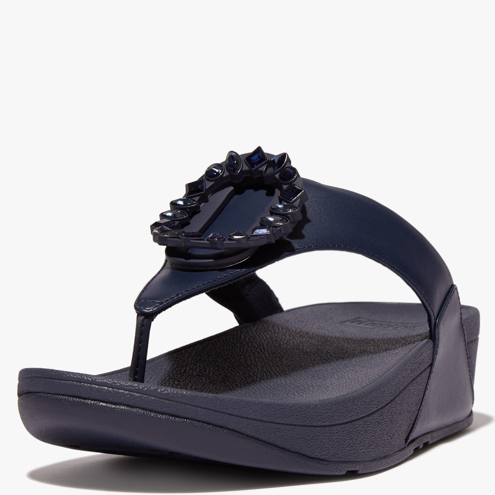 Lulu Crystal Circlet Midnight Navy Leather Toe Post Sandals