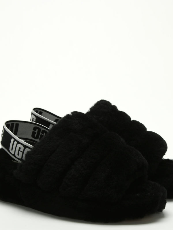 Fluff Yeah Logo Black Sheepskin Sliders