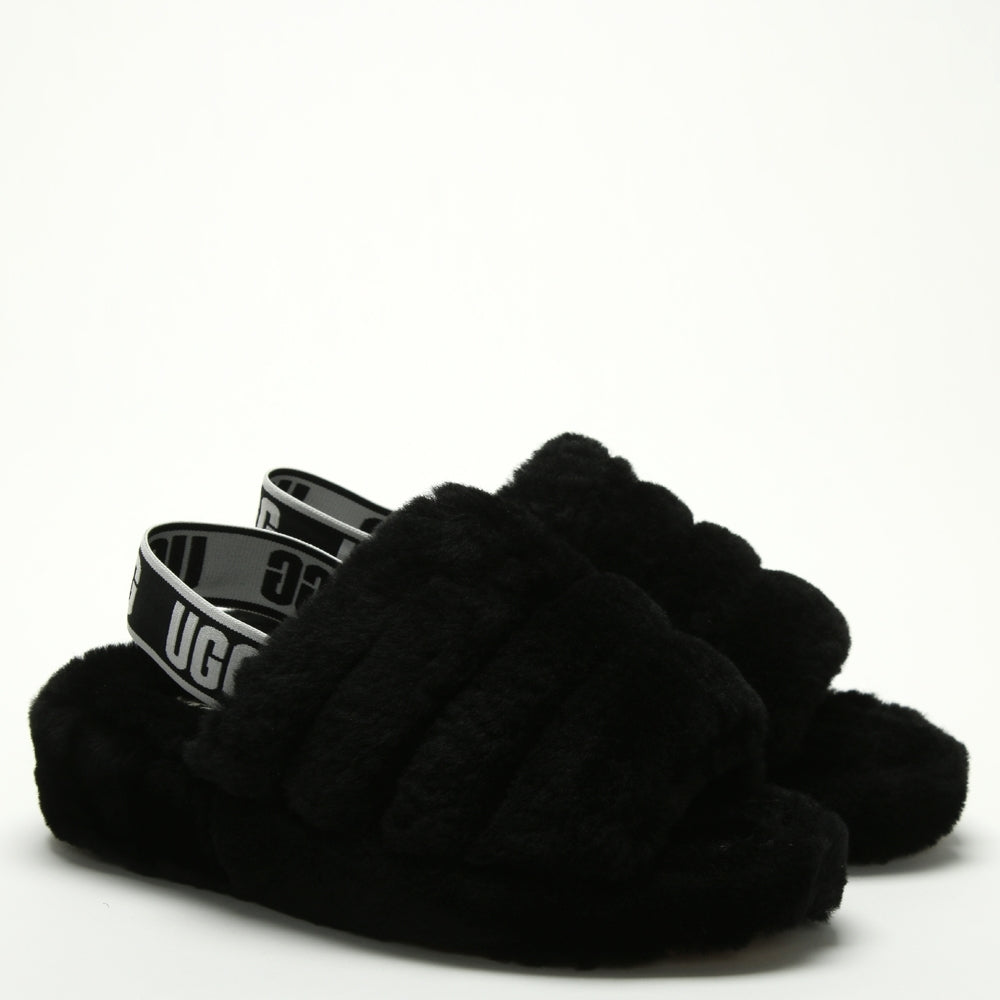 Fluff Yeah Logo Black Sheepskin Sliders