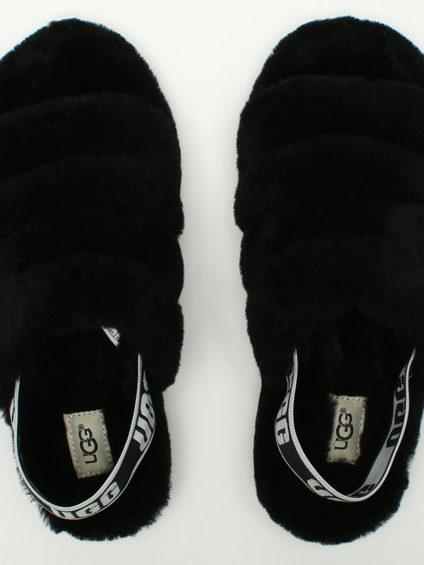 Fluff Yeah Logo Black Sheepskin Sliders