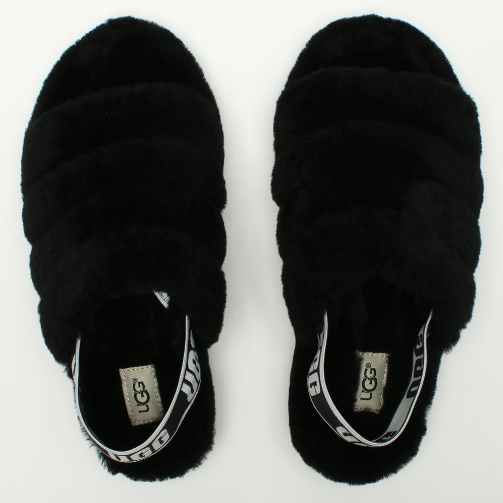 Fluff Yeah Logo Black Sheepskin Sliders